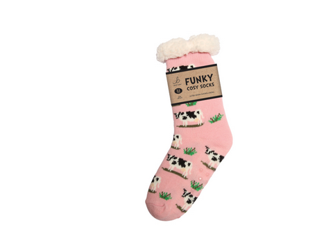 Ladies Sherpa Socks - Black & White Cow
