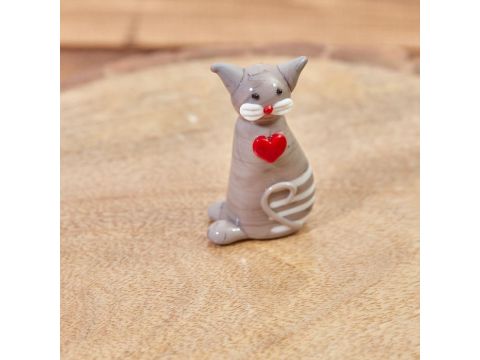 GLASS CAT ORNAMENT - GREY & WHITE WITH RED HEART