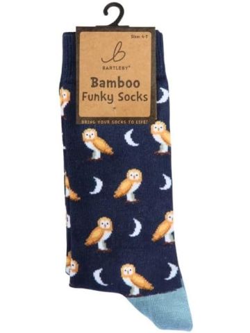 Bamboo Blend Funky Barn Owl Print Crew Socks, Navy Blue and Light Blue, Casual Style, Breathable, Adult Size 4-7