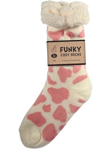 Funky Cosy Sherpa Thermal Socks - Pink Cow Print - Size 4-8