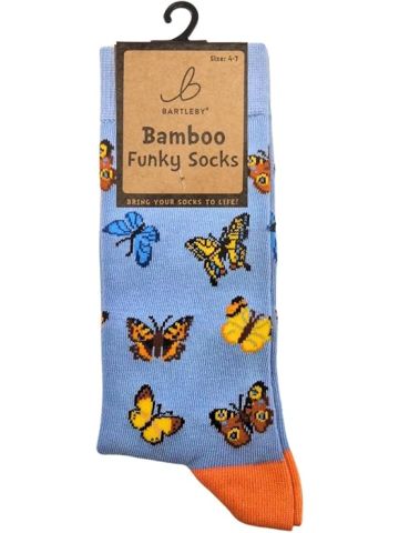 Butterfly Pattern Bamboo Socks, Light Blue with Orange Heel, Size 4-7