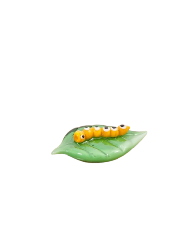 GLASS CATERPILLAR ORNAMENT IN BOX YELLOW ON GREEN LEAF