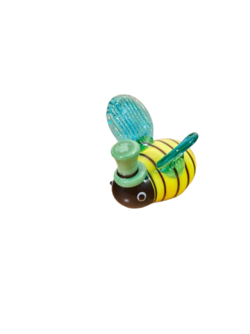GLASS BEE ORNAMENT WITH GREEN HAT & BLUE WINGS 