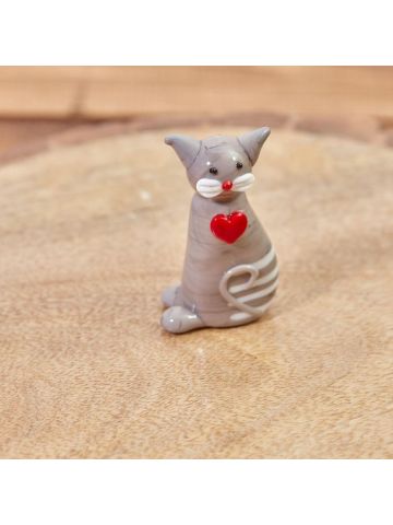 GLASS CAT ORNAMENT - GREY & WHITE WITH RED HEART