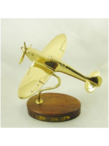 Polished Solid Brass Vintage Model on Wood Base Spitfire Aircraft Desk Ornament